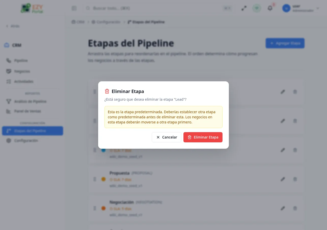 Diálogo de confirmación de eliminación de etapa mostrando el nombre de la etapa y advertencia de que los negocios deben moverse antes de eliminar