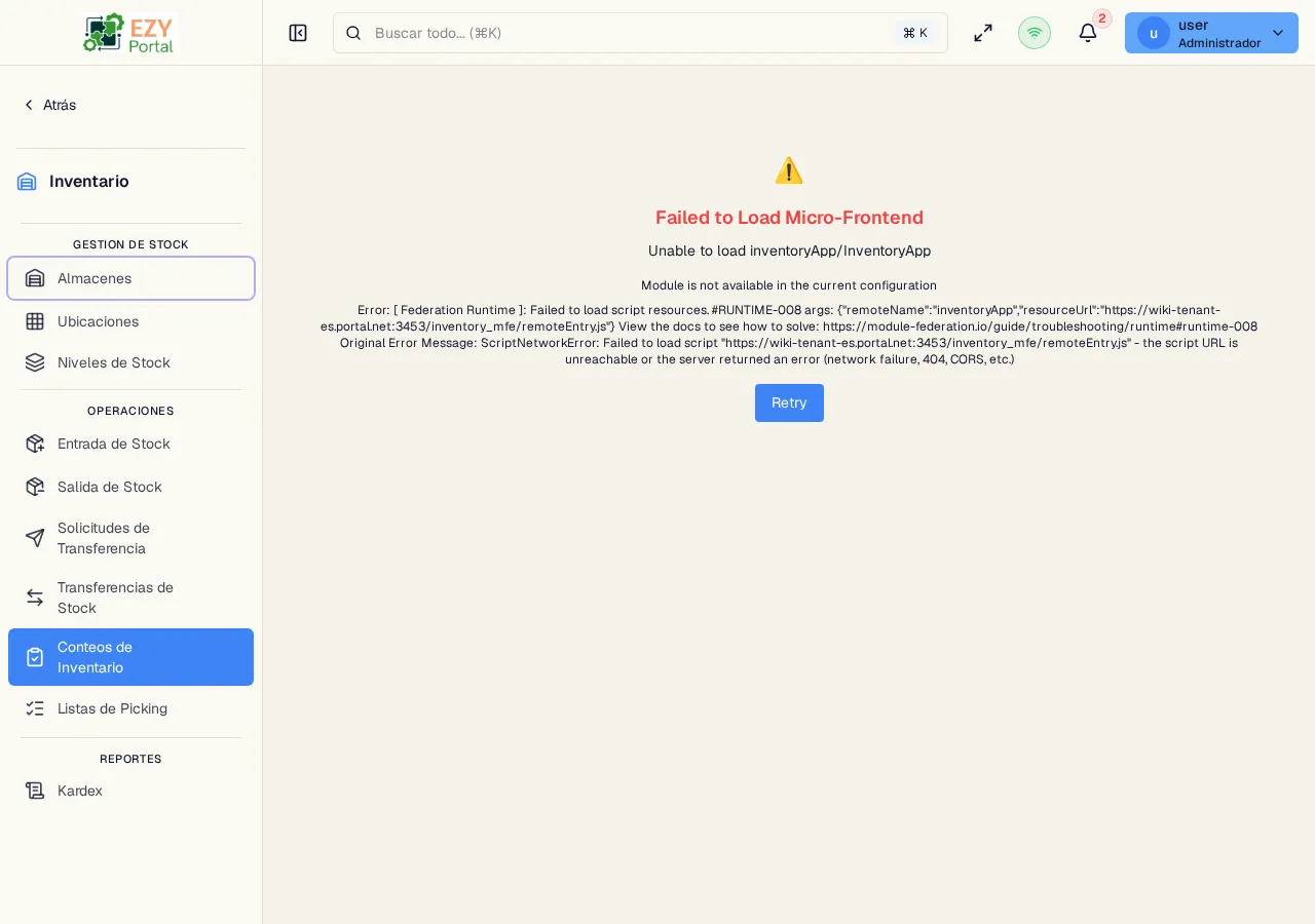 Página de Conteos de Stock listando documentos de conteo físico con columnas de número de documento, fecha, estado, almacén, tipo de conteo y ajuste total