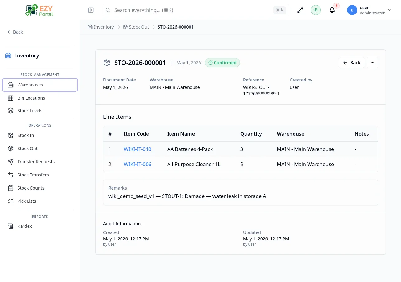 Stock Out Detail page showing the document header card with status, warehouse, and date fields, and the line items table