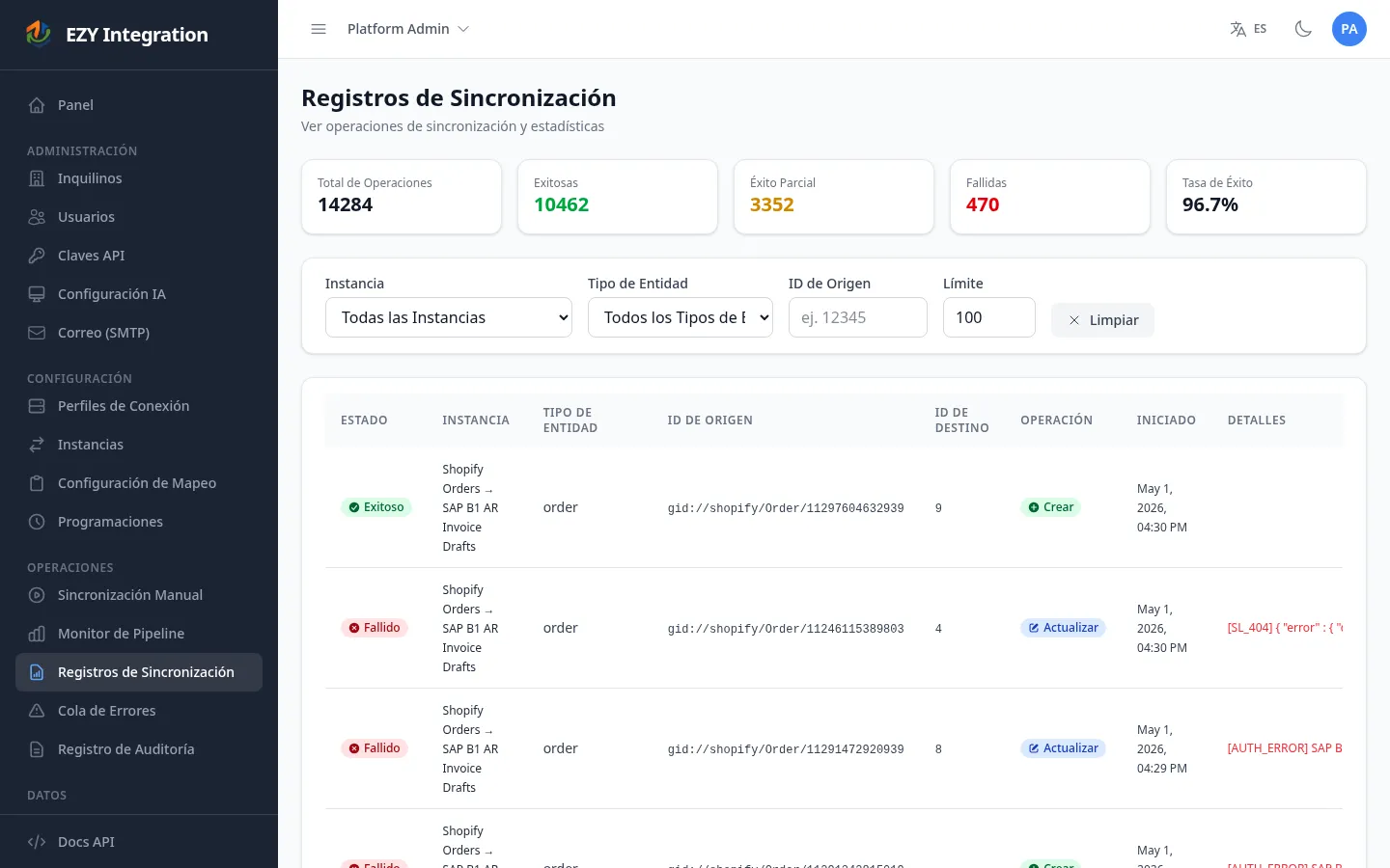 Lista de Sync Logs mostrando ejecuciones completadas