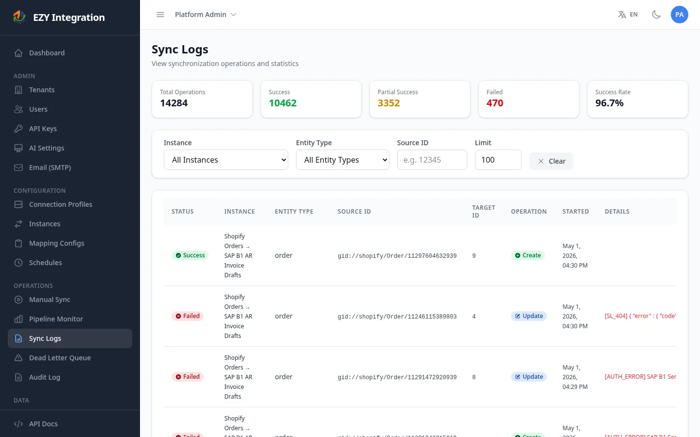 Sync Logs list showing completed runs