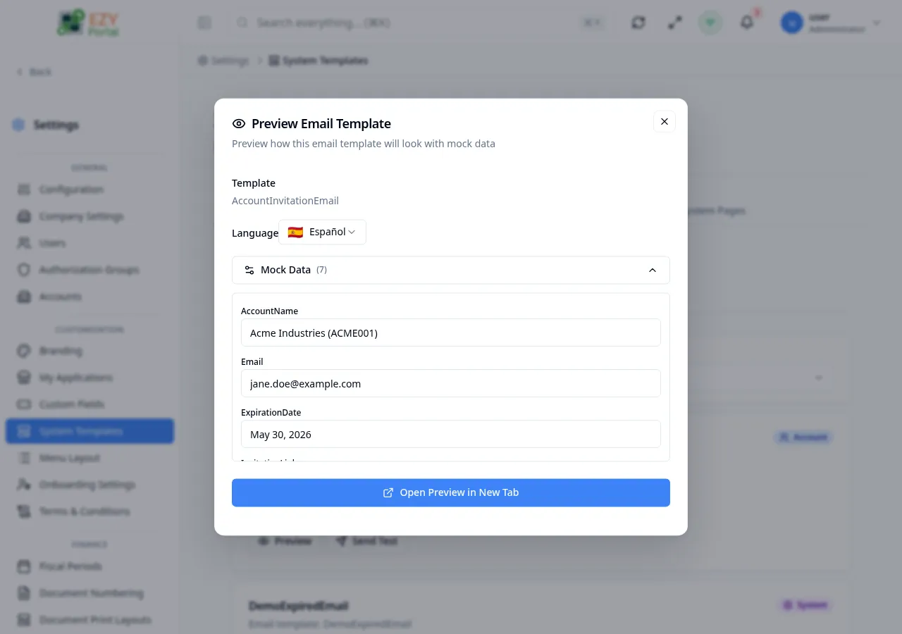 Email template preview dialog showing a rendered email with subject, header, and body using sample placeholder data