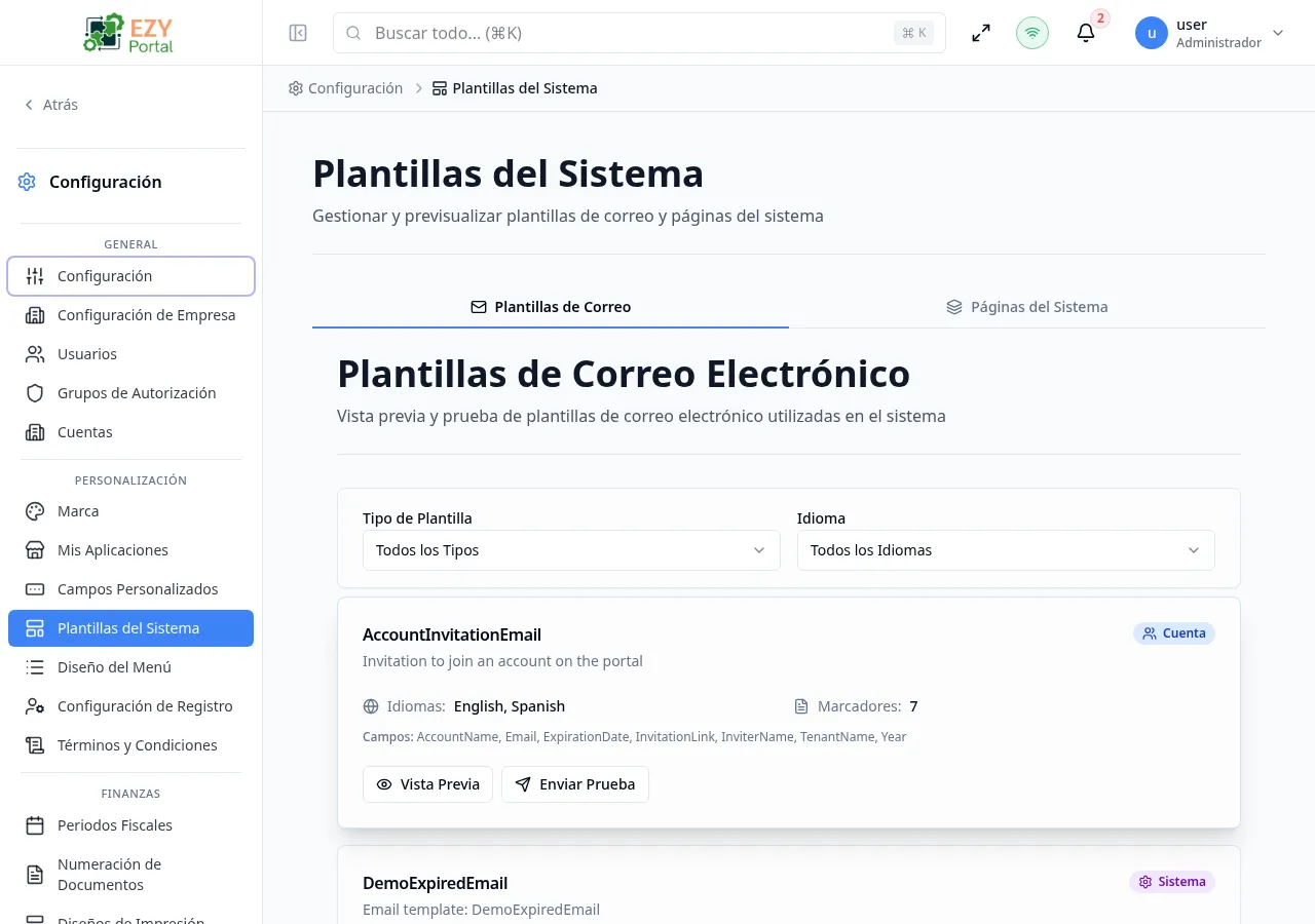 Página Plantillas del Sistema mostrando la pestaña Plantillas de Correo con una lista de tarjetas de plantillas