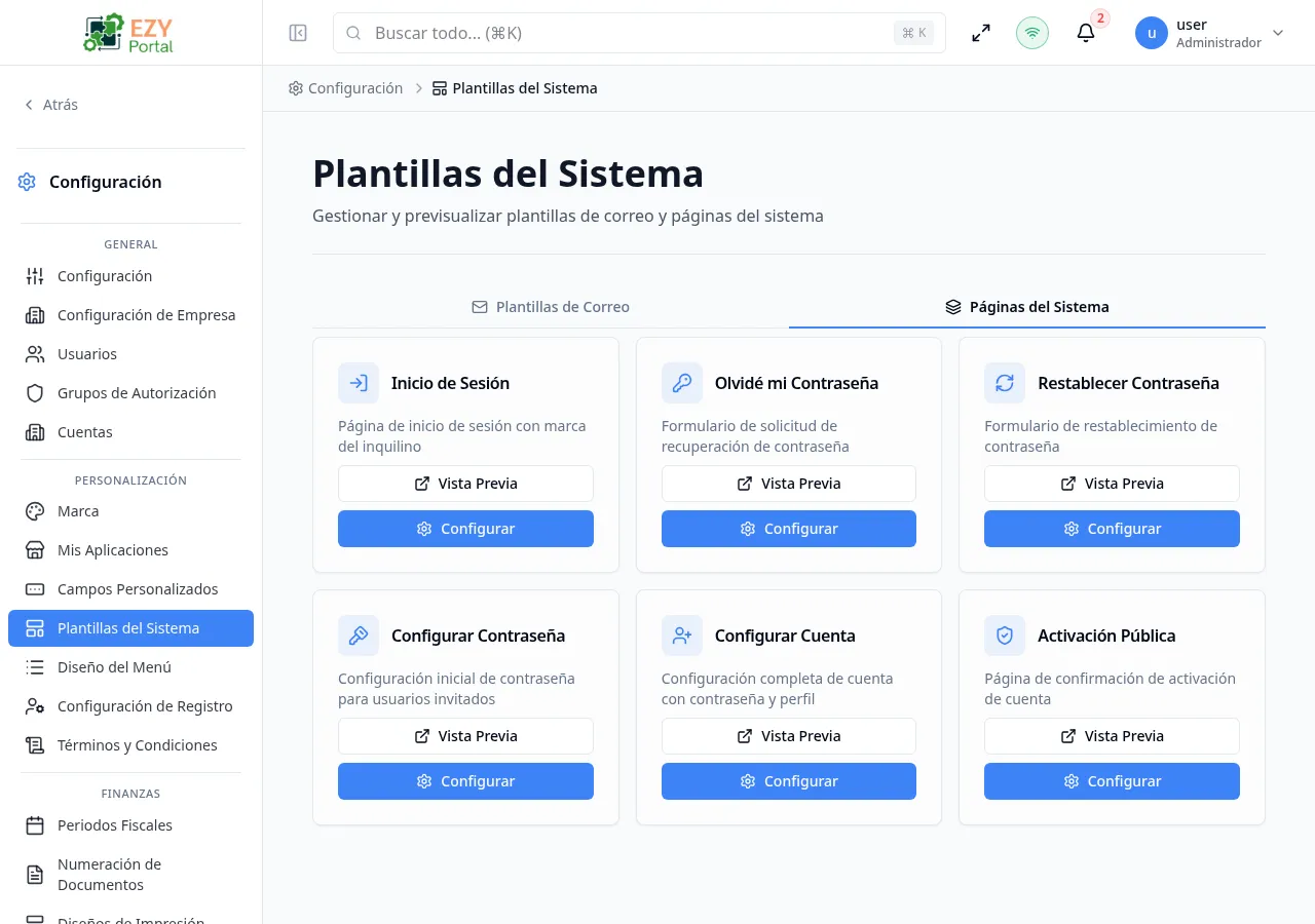 Pestaña Páginas del Sistema de Plantillas del Sistema con tarjetas para Inicio de Sesión, Olvidé mi Contraseña, Restablecer Contraseña, Configurar Contraseña, Configurar Cuenta y Activación Pública