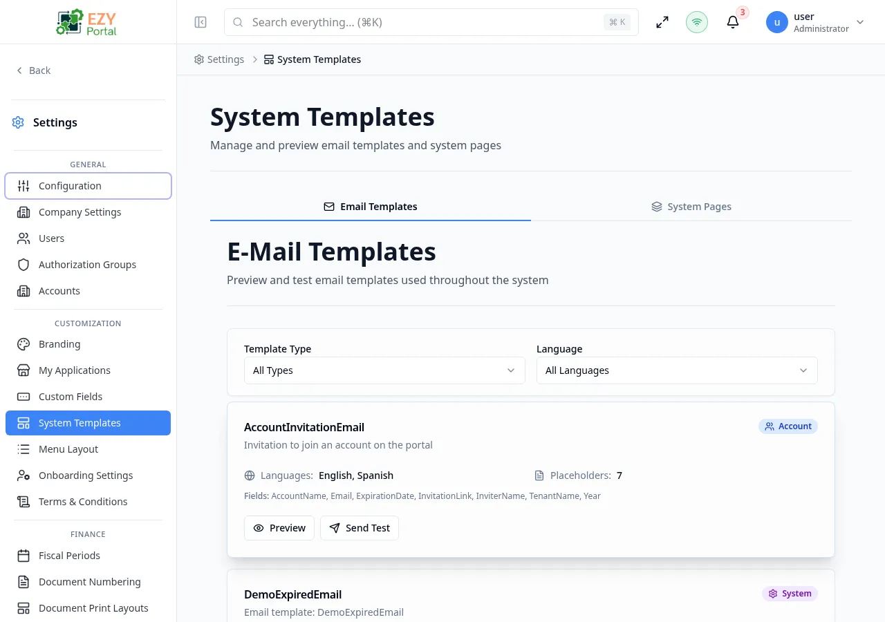 System Templates page showing the Email Templates tab with a list of template cards