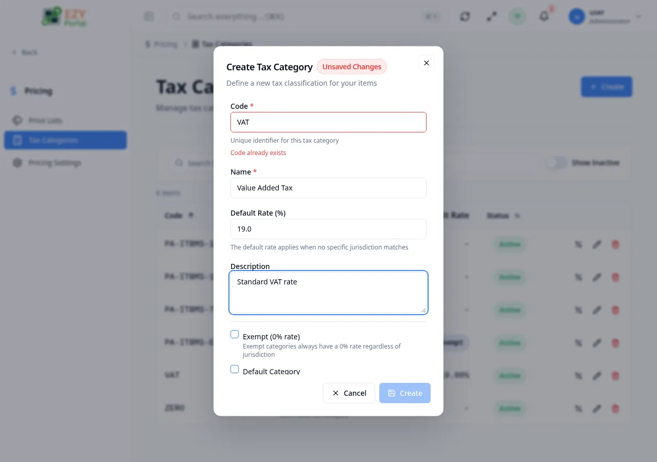 Create tax category dialog