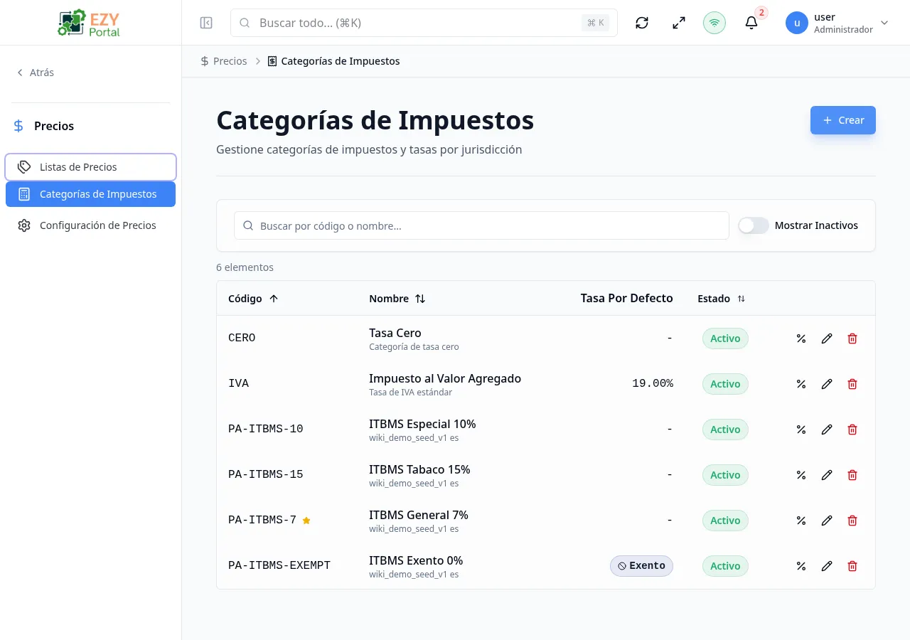 Lista de categorías de impuestos