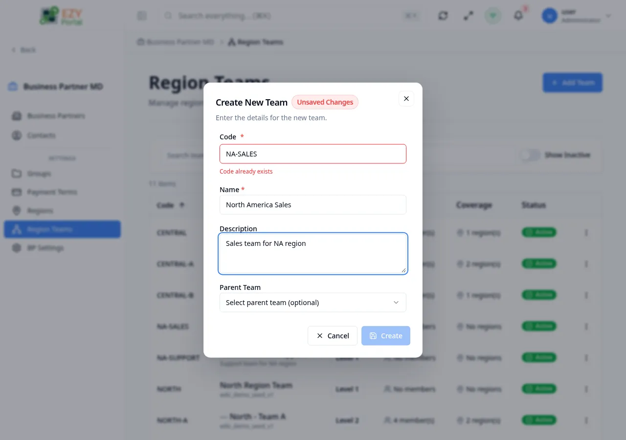 Create team dialog