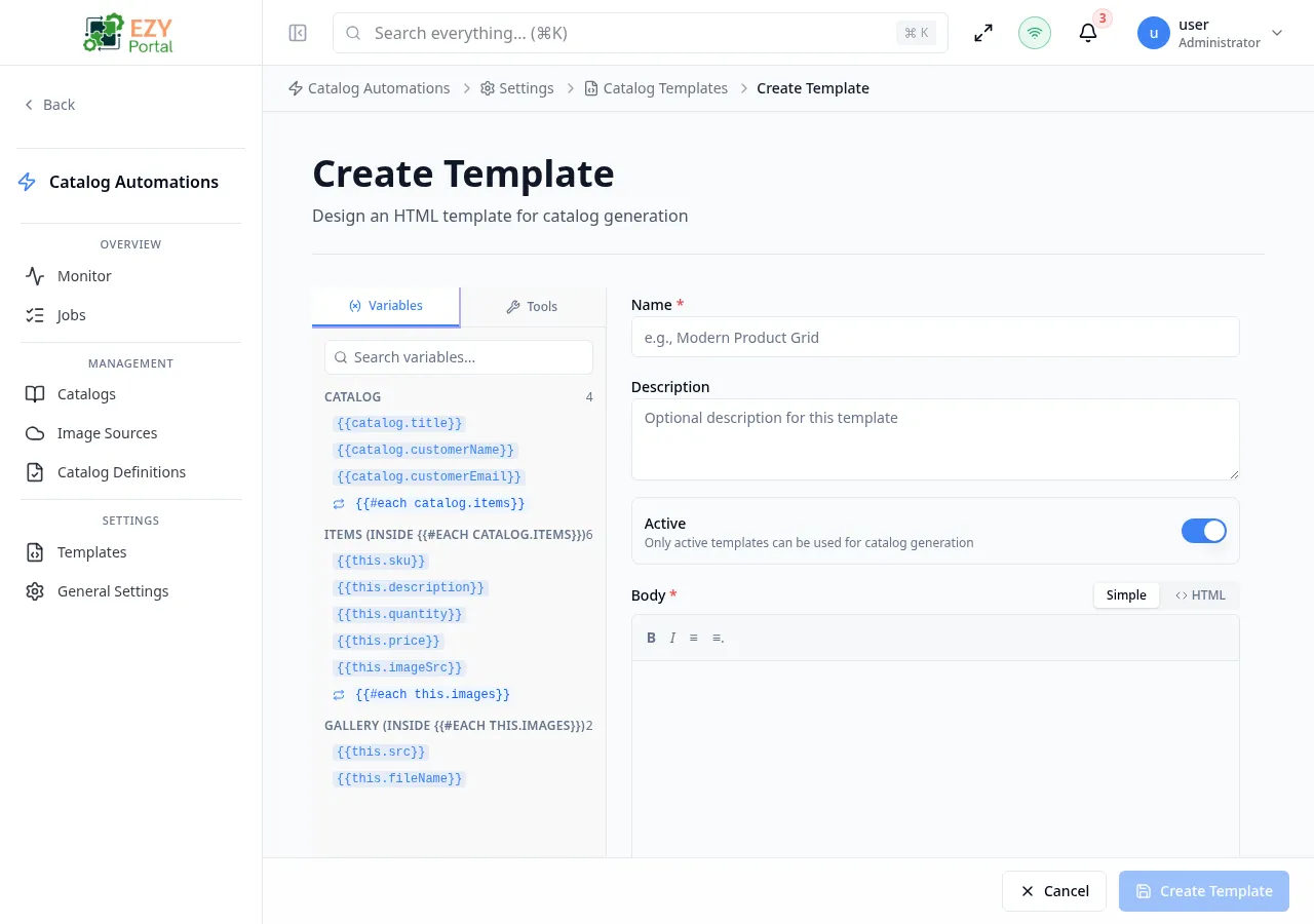 Create Template editor with the variable picker on the left, and Name, Description, Active toggle, and HTML Body fields on the right