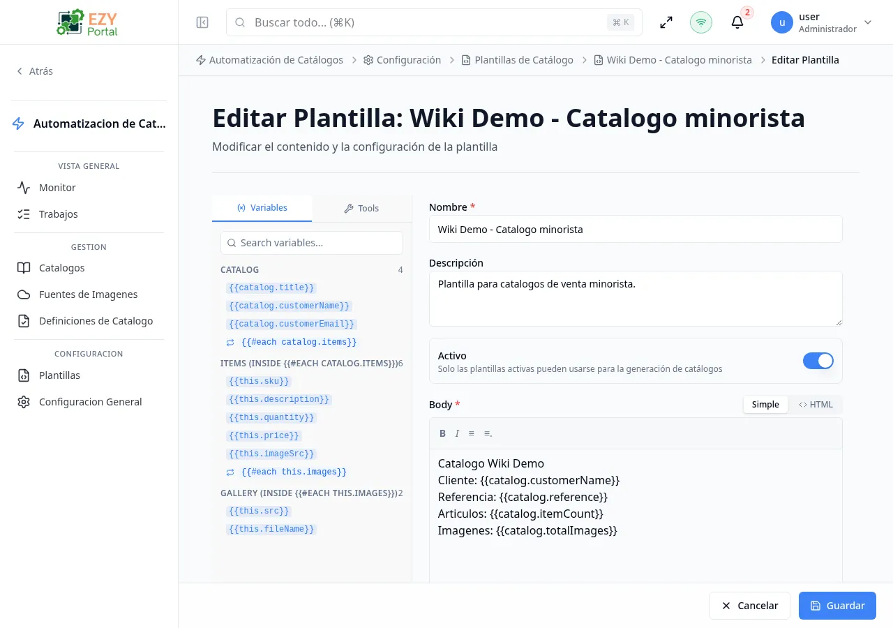 Editor Editar Plantilla precargado con el nombre, descripción y cuerpo HTML de una plantilla existente