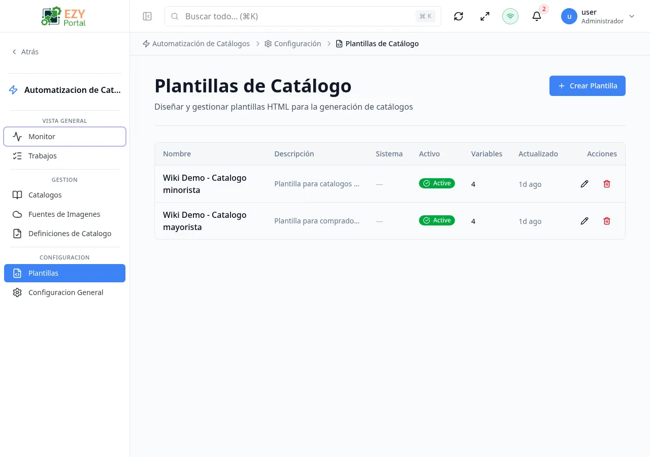 Página de lista de plantillas mostrando plantillas de catálogo con columnas de nombre, descripción, bandera de sistema, estado activo, conteo de variables y actualización