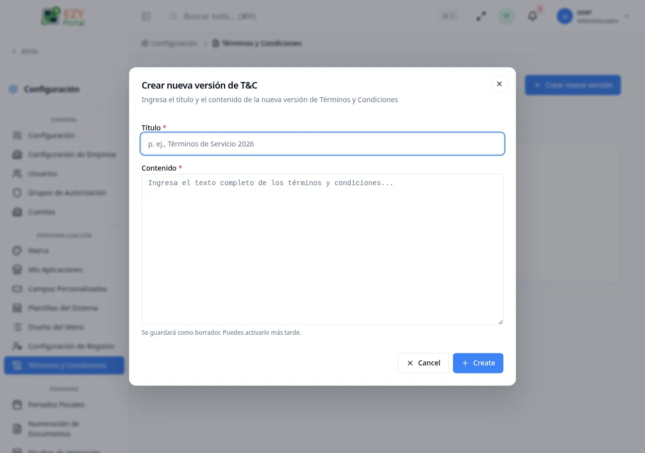 Diálogo Crear Términos y Condiciones con los campos Título y Contenido completados con datos de ejemplo