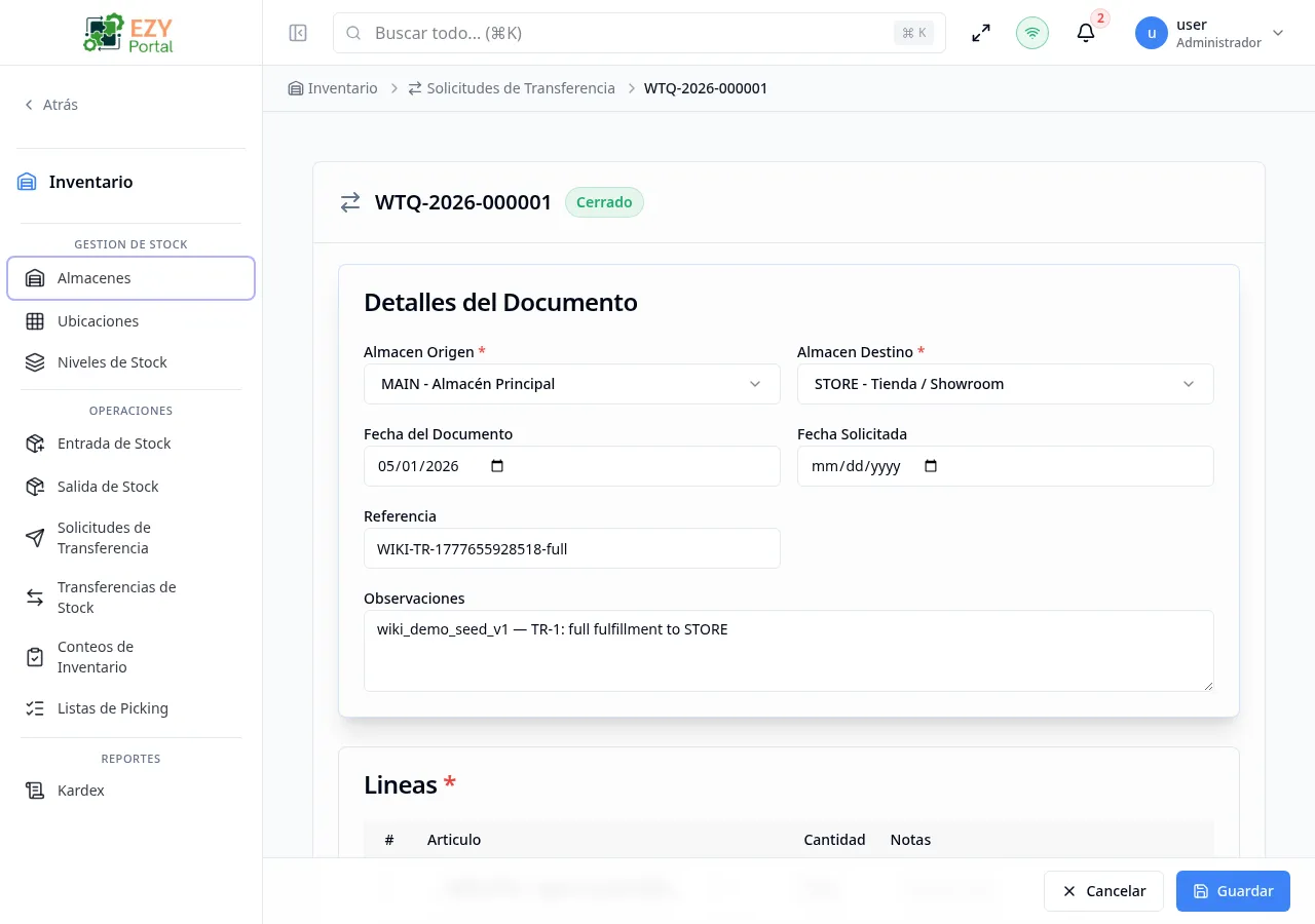 Formulario Editar Solicitud de Transferencia precargado con datos existentes incluyendo almacenes de origen y destino, fecha solicitada y líneas listas para actualizar