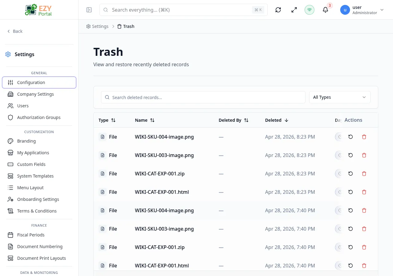 Trash page showing a list of soft-deleted entities with entity type badges, display names, deleted-by information, deletion timestamps, and days-remaining badges
