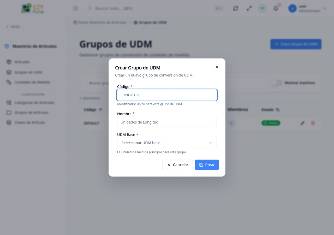 Diálogo de crear grupo de UDM