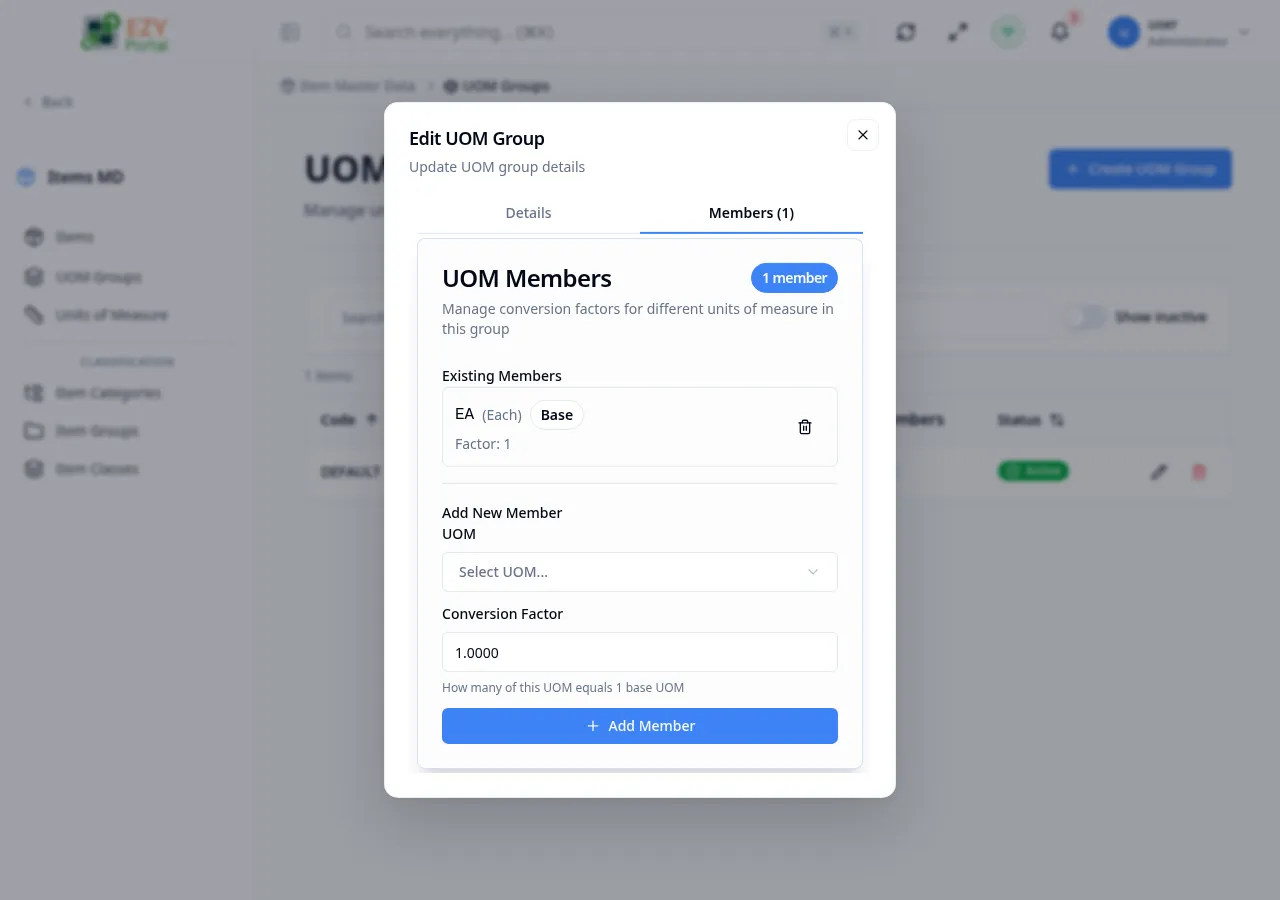 UOM group members tab