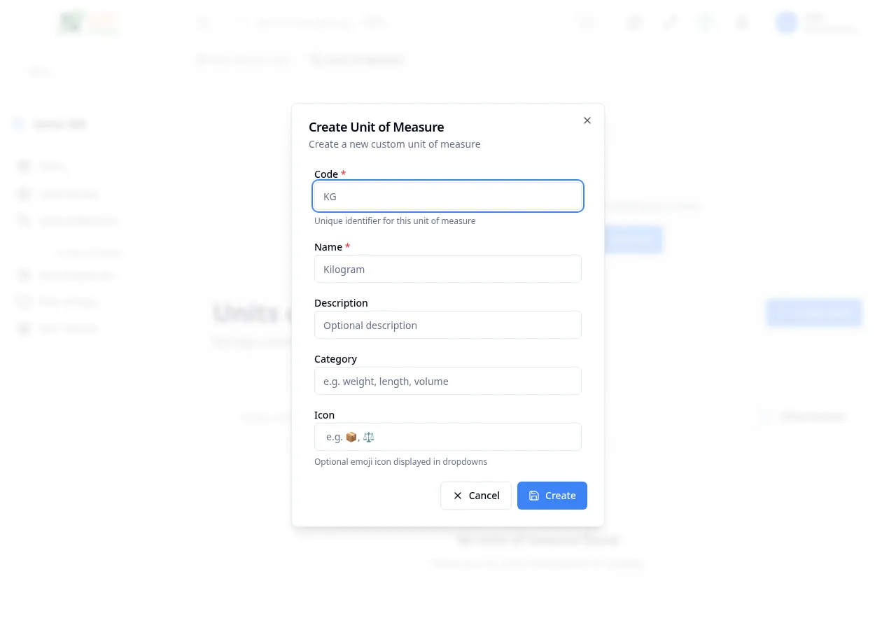 Create UOM dialog