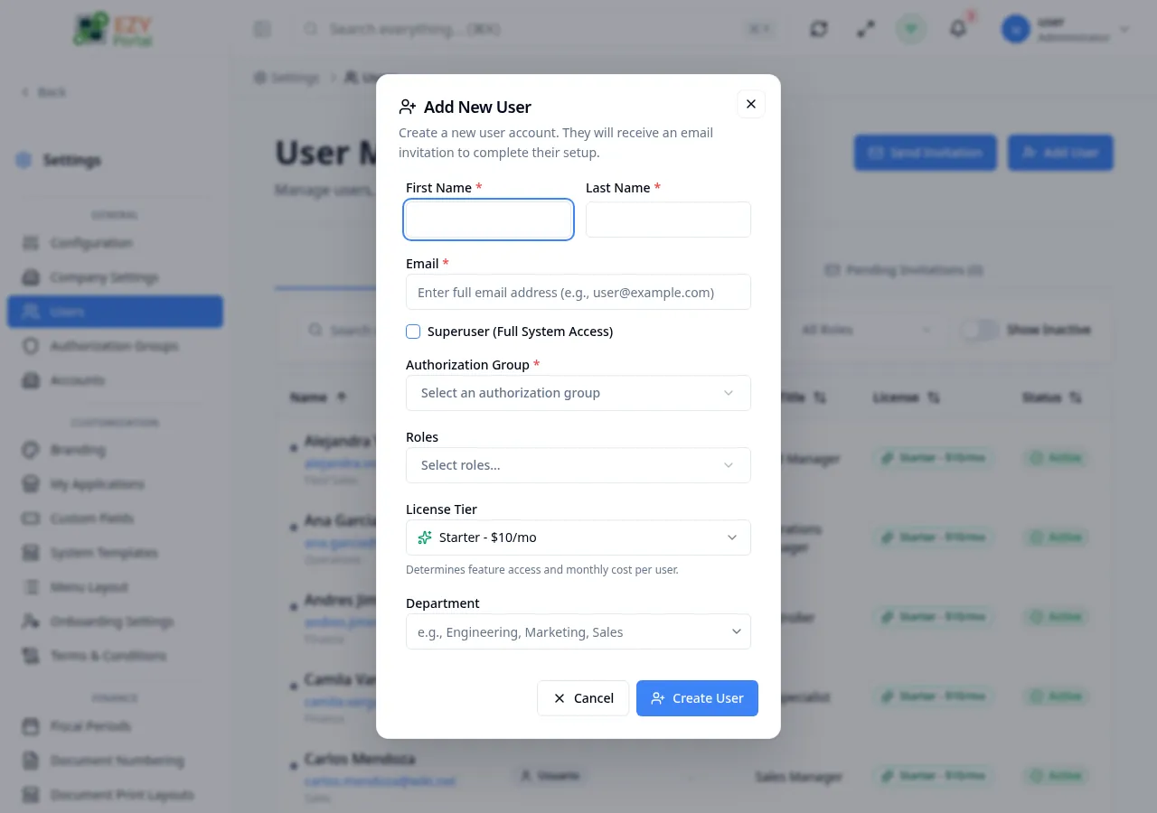 Create User dialog with First Name, Last Name, Email, Authorization Group, License Tier, and Employee Info fields
