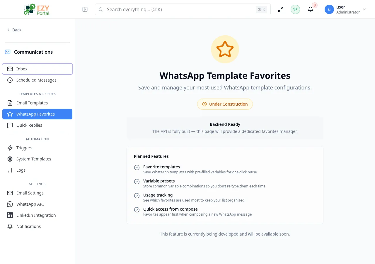 WhatsApp Favorites page listing saved template favorites with display name, template name, and variable presets