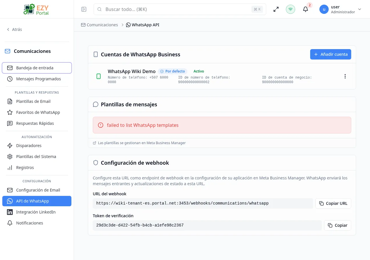 Página de Configuración de WhatsApp mostrando una sección de Cuentas con una tarjeta de cuenta, una sección de Plantillas con una tabla y una sección de Configuración del webhook